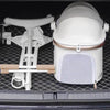 Folded white stroller with tan accents.