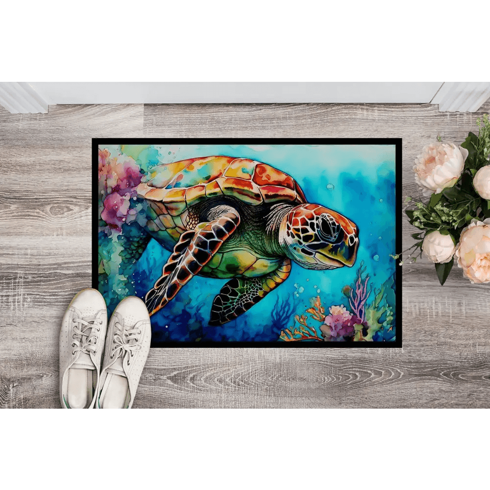 Turtle Tide Welcome: Dive into Style! Dive into coastal charm with our Sea Turtle Watercolor Doormat! This vibrant doormat brings a touch - Estalios