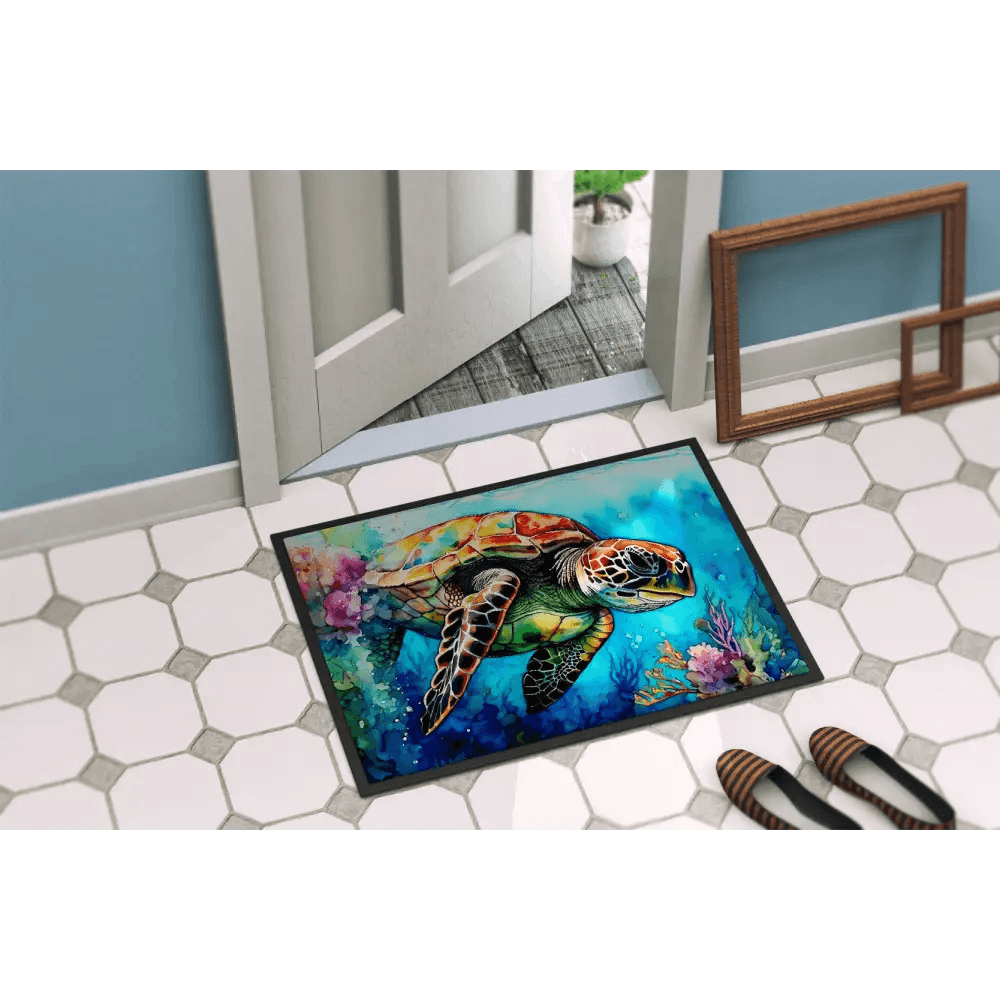 Turtle Tide Welcome: Dive into Style! Dive into coastal charm with our Sea Turtle Watercolor Doormat! This vibrant doormat brings a touch - Estalios