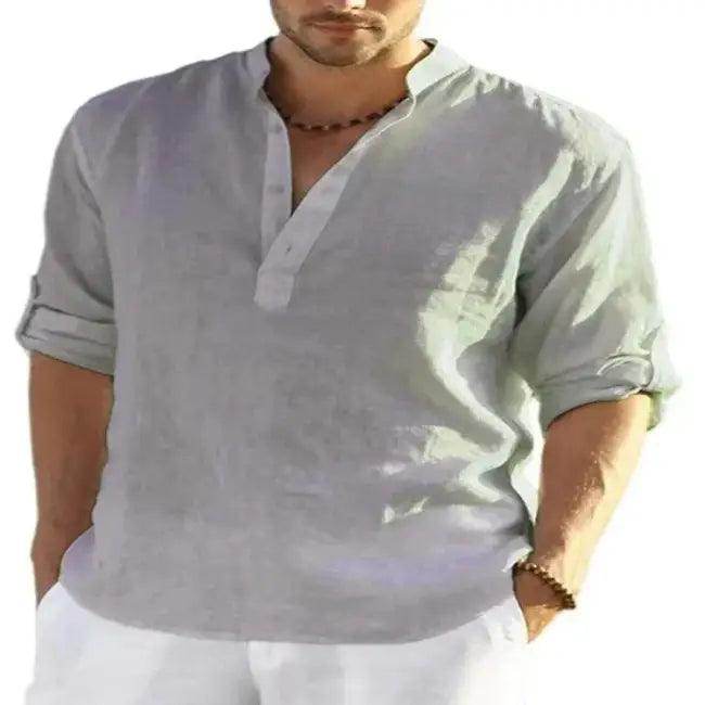 Comfortable Loose Black Linen Shirt with Rolled Sleeves - Estalios