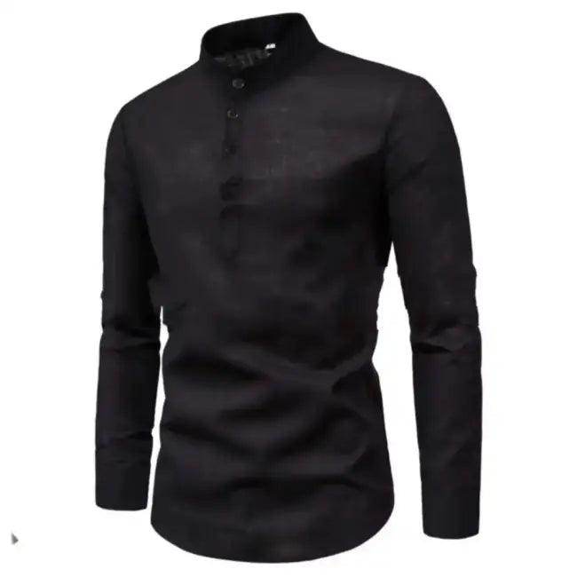 Comfortable Loose Black Linen Shirt with Rolled Sleeves - Estalios