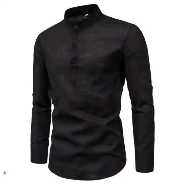 Comfortable Loose Black Linen Shirt with Rolled Sleeves - Estalios