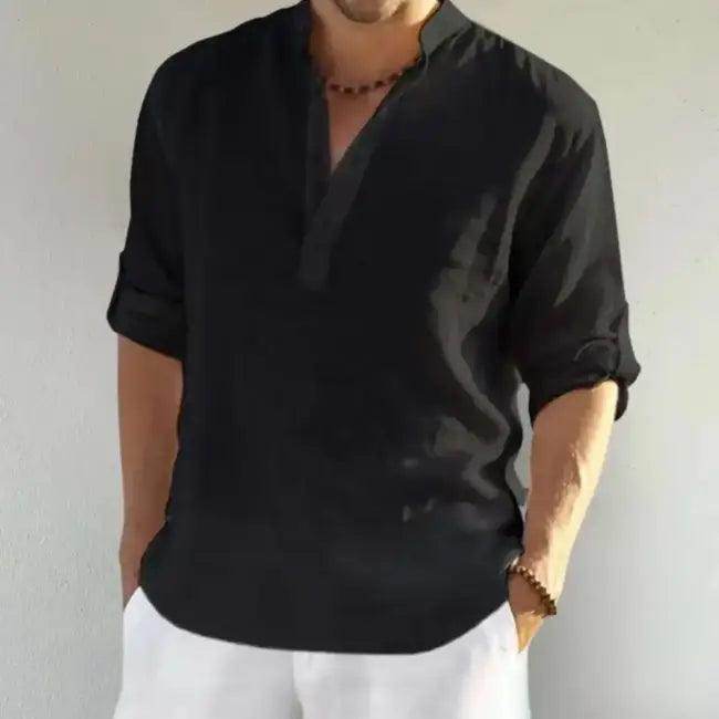 Comfortable Loose Black Linen Shirt with Rolled Sleeves - Estalios