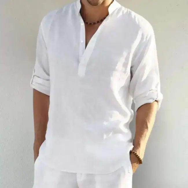 Comfortable Loose Black Linen Shirt with Rolled Sleeves - Estalios