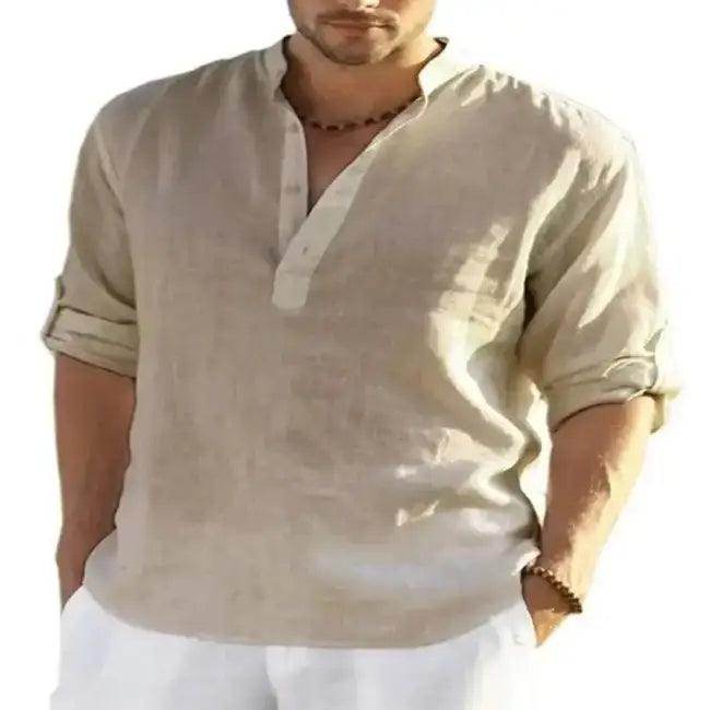 Comfortable Loose Black Linen Shirt with Rolled Sleeves - Estalios