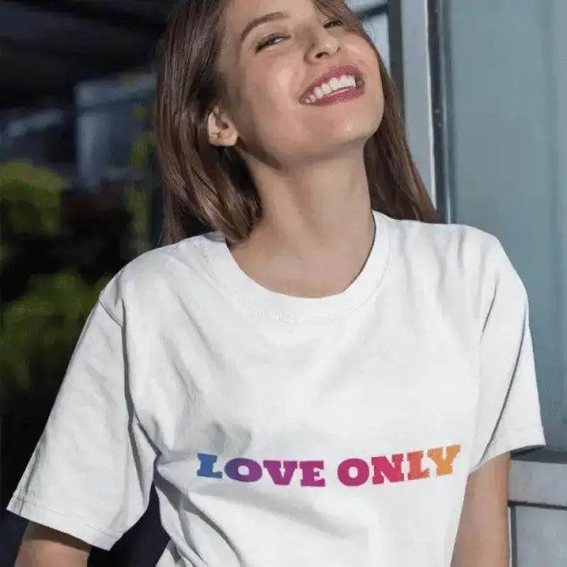 White t-shirt with ’Love Only’ text.
