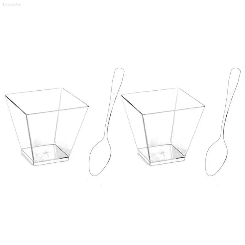 Two clear plastic dessert cups with spoons.