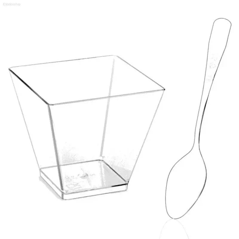 Clear plastic dessert cup and spoon.