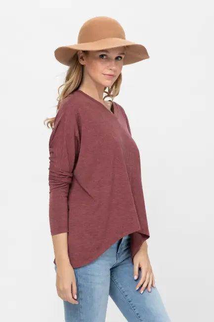 Mauve Long-Sleeved Dolman Sleeve Knit Tunic Blouse for Comfort - Estalios
