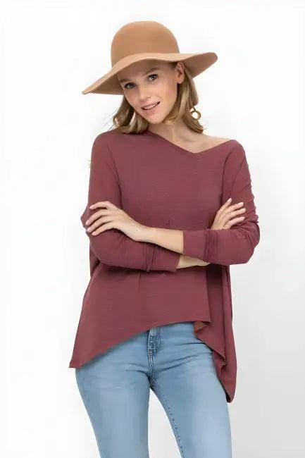 Mauve Long-Sleeved Dolman Sleeve Knit Tunic Blouse for Comfort - Estalios