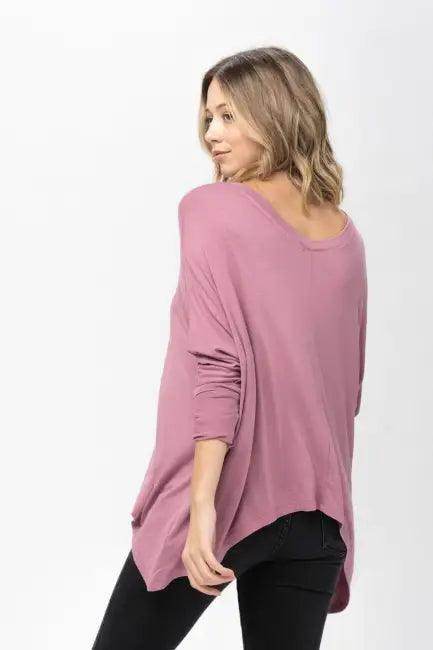 Mauve Long-Sleeved Dolman Sleeve Knit Tunic Blouse for Comfort - Estalios