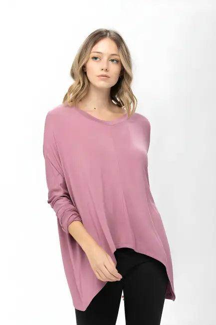 Mauve Long-Sleeved Dolman Sleeve Knit Tunic Blouse for Comfort - Estalios