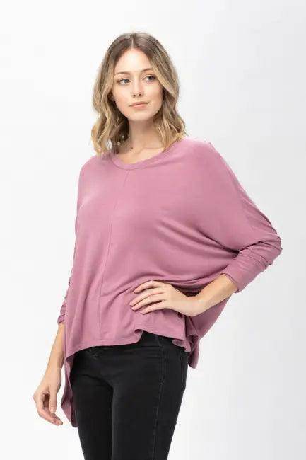 Mauve Long-Sleeved Dolman Sleeve Knit Tunic Blouse for Comfort - Estalios