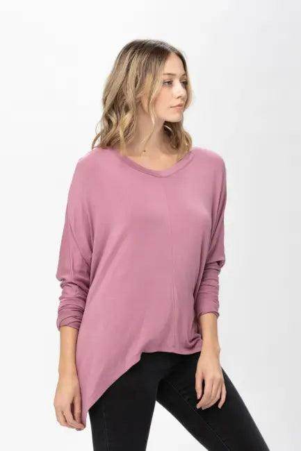Mauve Long-Sleeved Dolman Sleeve Knit Tunic Blouse for Comfort - Estalios