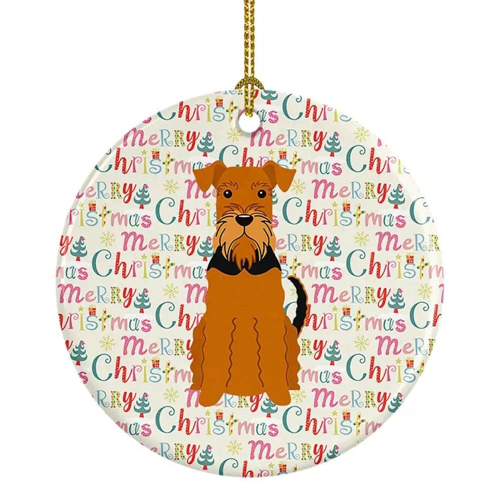Merry Christmas Airedale Ceramic Ornament for Personalization - Estalios
