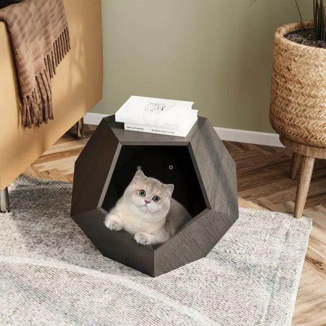 Modern Multifunctional Cat Bed and Side Table in Dark Wood - Estalios