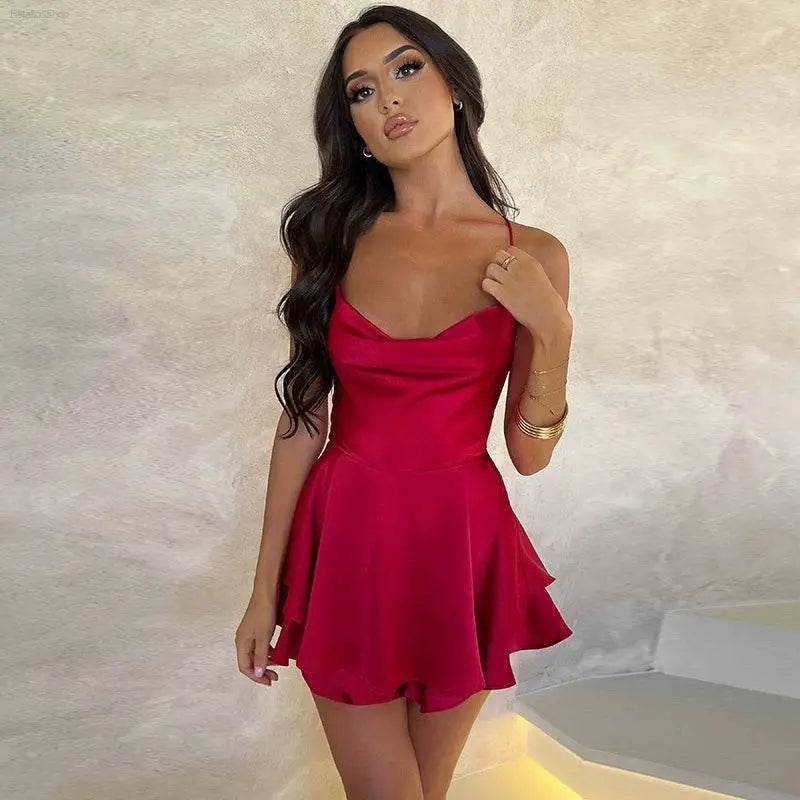 Outfitgirl Fashion Sexy Sling Open Back Tied Short Dress - Estalios