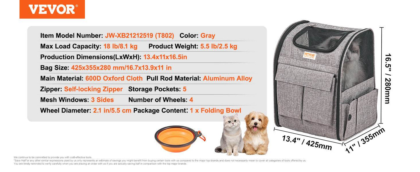 Breathable Pet Cat Carrier Backpack with Wheels for Travel - Estalios