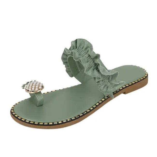 Pineapple Pearl Beach Slides with Ruffled Straps for Fun - Estalios