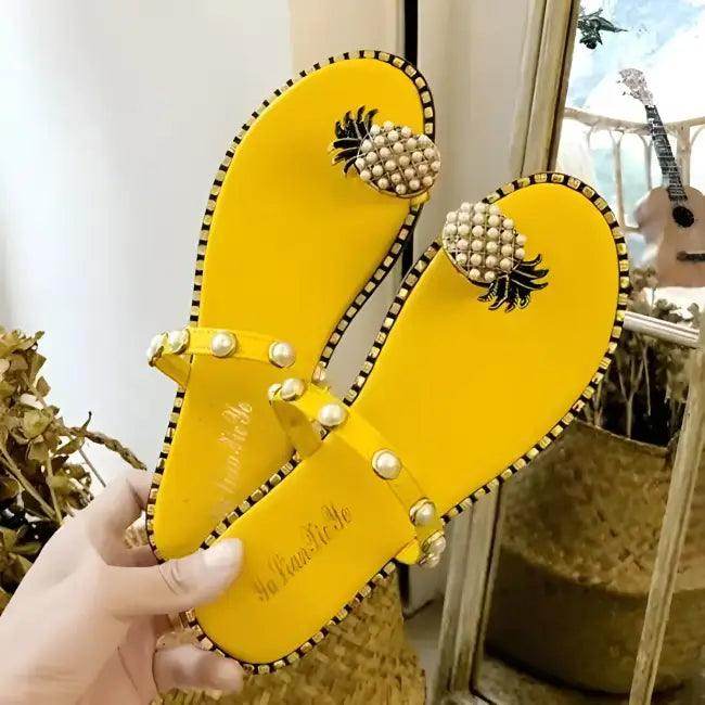 Chic Pineapple Pearl Sandals with Ruffled Straps in Beige - Estalios