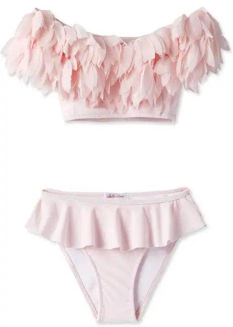 Sizzling Pink Ruffles Two-Piece Swimsuit With Feather Accents - Estalios