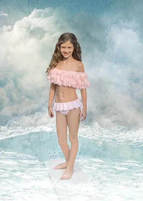 Sizzling Pink Ruffles Two-Piece Swimsuit With Feather Accents - Estalios