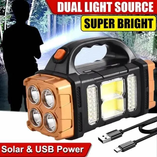 Portable Powerful USB Rechargeable Flashlight Solar LED Light with COB Work Light 4 Gear Charge Mobile Phone Camping Lamp - Estalios