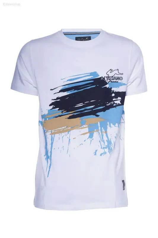 White t-shirt with colorful abstract design.