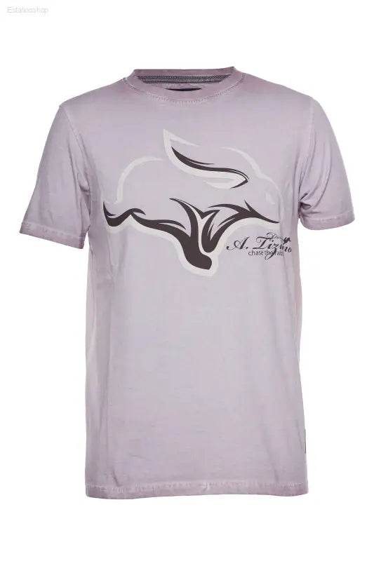 Lavender t-shirt with stylized bull graphic.