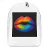 White drawstring backpack with rainbow lips.