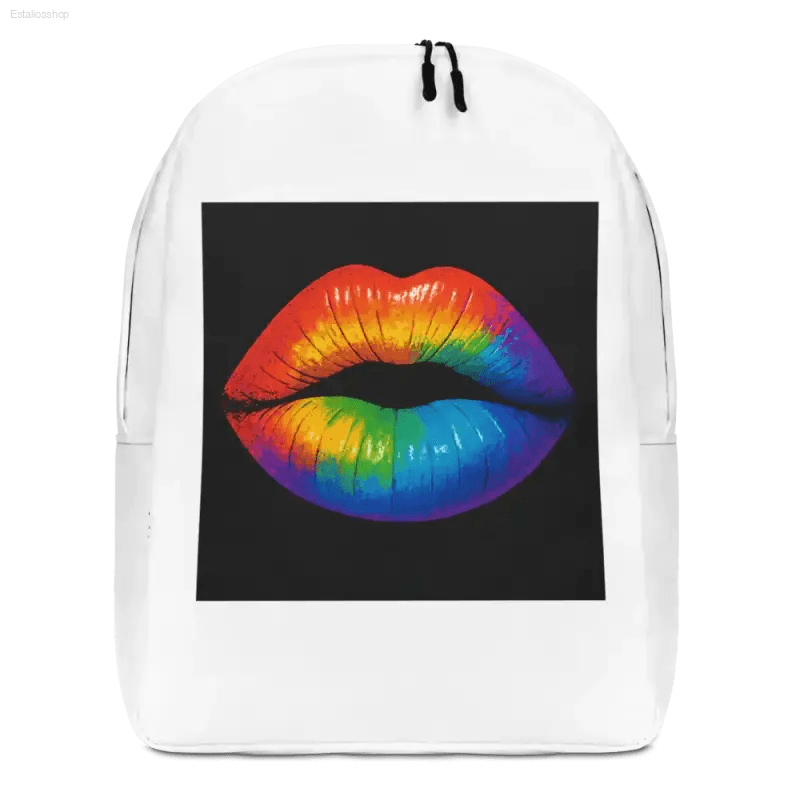 White drawstring backpack with rainbow lips.