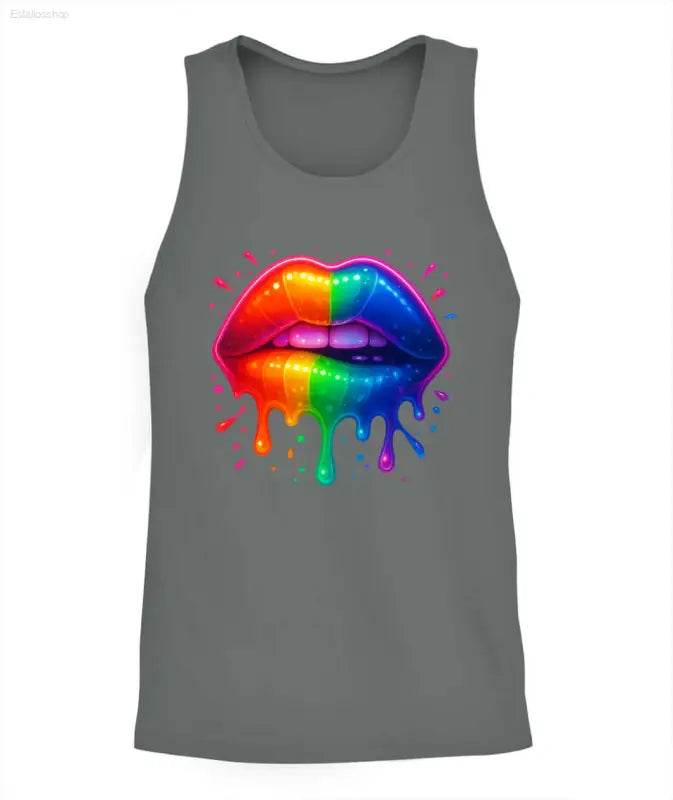 Gray tank top with rainbow lips graphic.