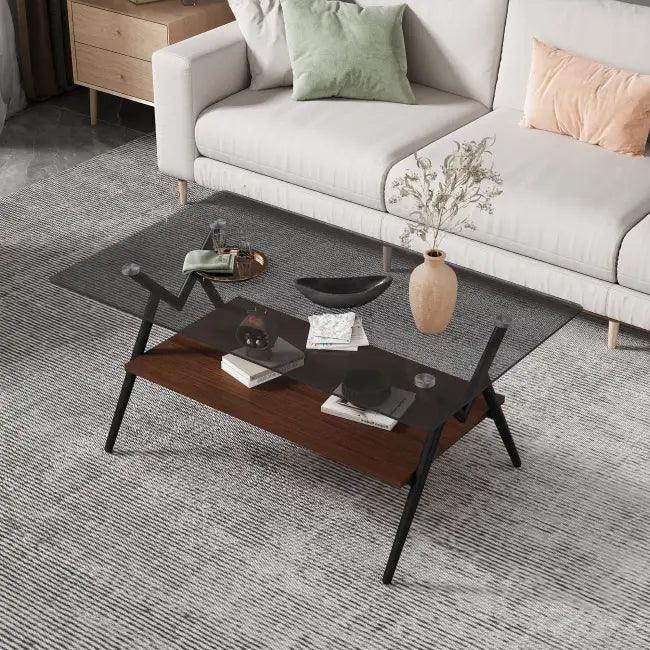 Vibrant Glass Coffee Table with Chic Wooden Shelf Design - Estalios