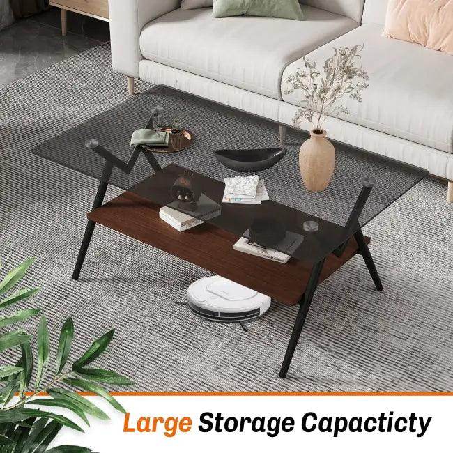 Vibrant Glass Coffee Table with Chic Wooden Shelf Design - Estalios