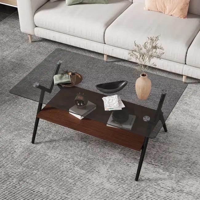 Vibrant Glass Coffee Table with Chic Wooden Shelf Design - Estalios