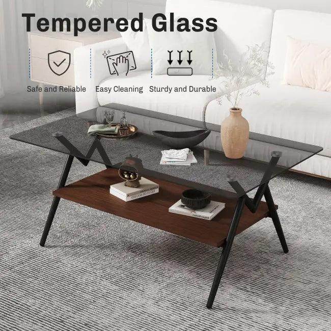 Vibrant Glass Coffee Table with Chic Wooden Shelf Design - Estalios