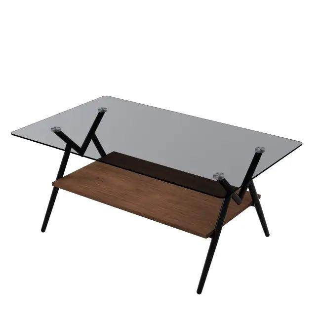 Vibrant Glass Coffee Table with Chic Wooden Shelf Design - Estalios