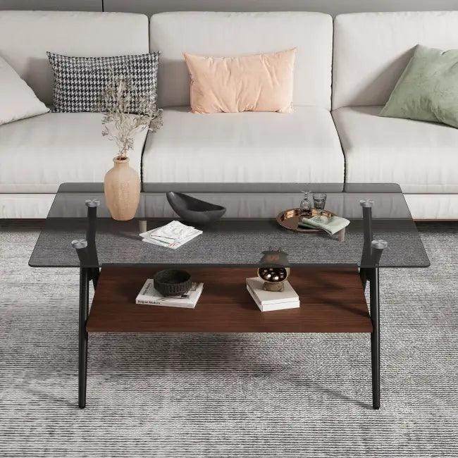 Vibrant Glass Coffee Table with Chic Wooden Shelf Design - Estalios