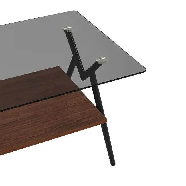 Vibrant Glass Coffee Table with Chic Wooden Shelf Design - Estalios