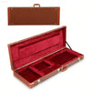 Open brown guitar case with red velvet interior.