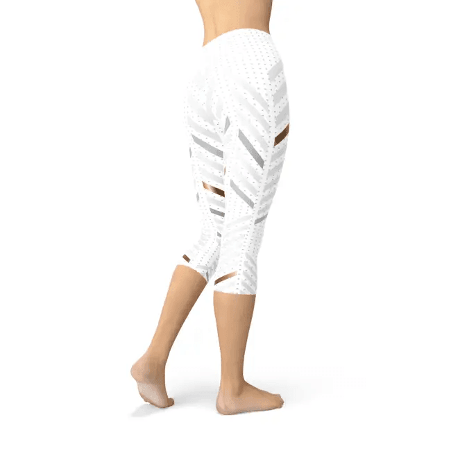 Snazzy White Stripes Capri Leggings with Geometric Cutouts - Estalios