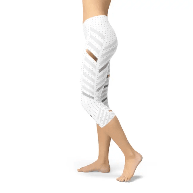 Snazzy White Stripes Capri Leggings with Geometric Cutouts - Estalios