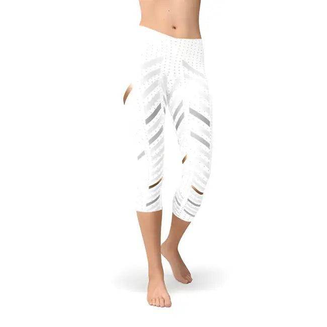 Snazzy White Stripes Capri Leggings with Geometric Cutouts - Estalios