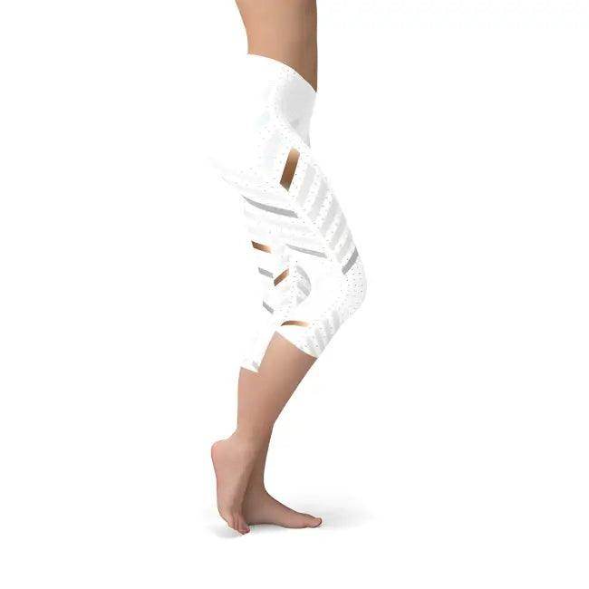 Snazzy White Stripes Capri Leggings with Geometric Cutouts - Estalios