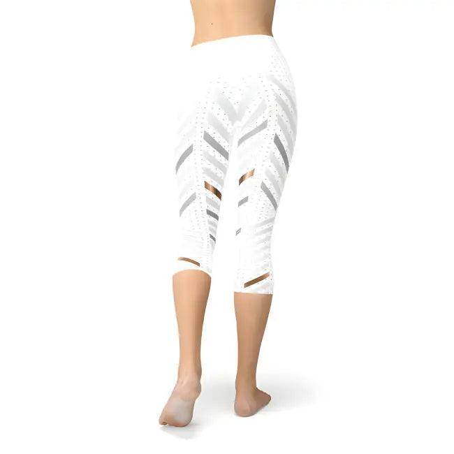 Snazzy White Stripes Capri Leggings with Geometric Cutouts - Estalios