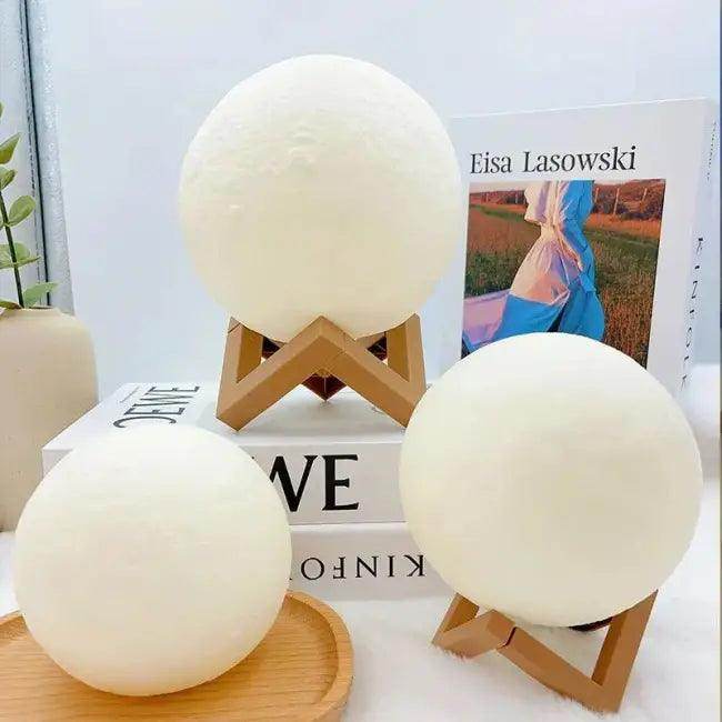 Spherical Moon Lamps on Wooden Stands for DIY Decor - Estalios