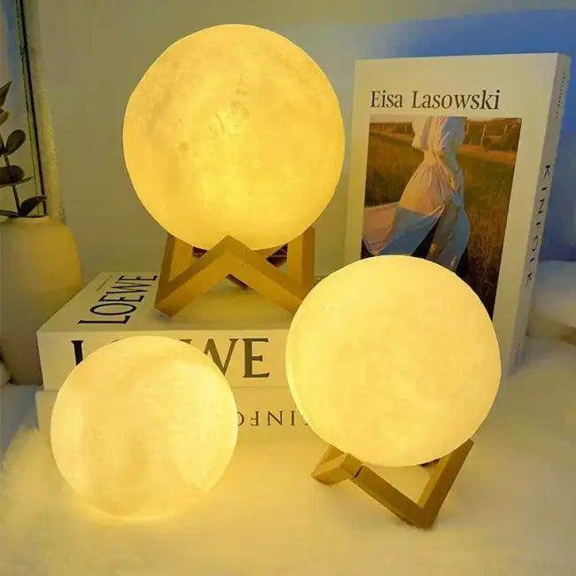 Spherical Moon Lamps on Wooden Stands for DIY Decor - Estalios