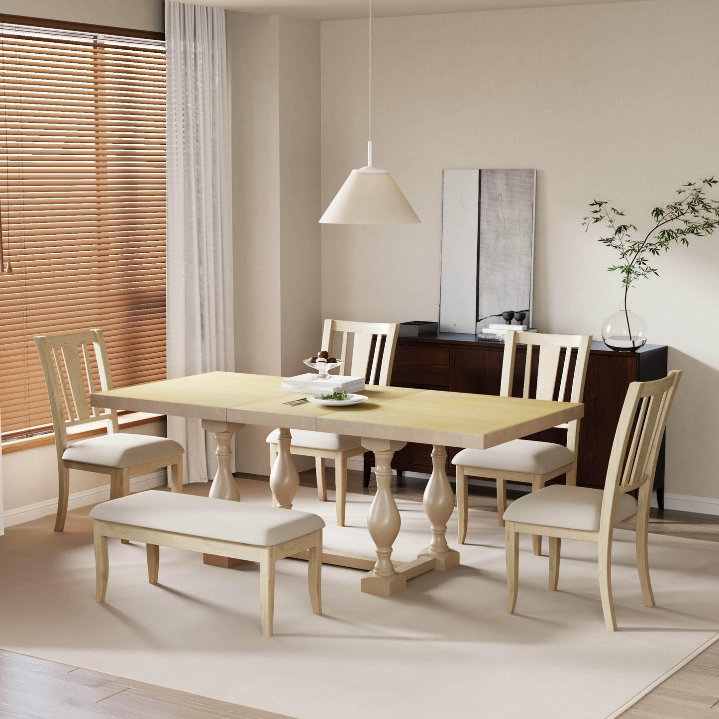 Stylish Wooden Dining Set with Pedestal and Trestle Table - Estalios