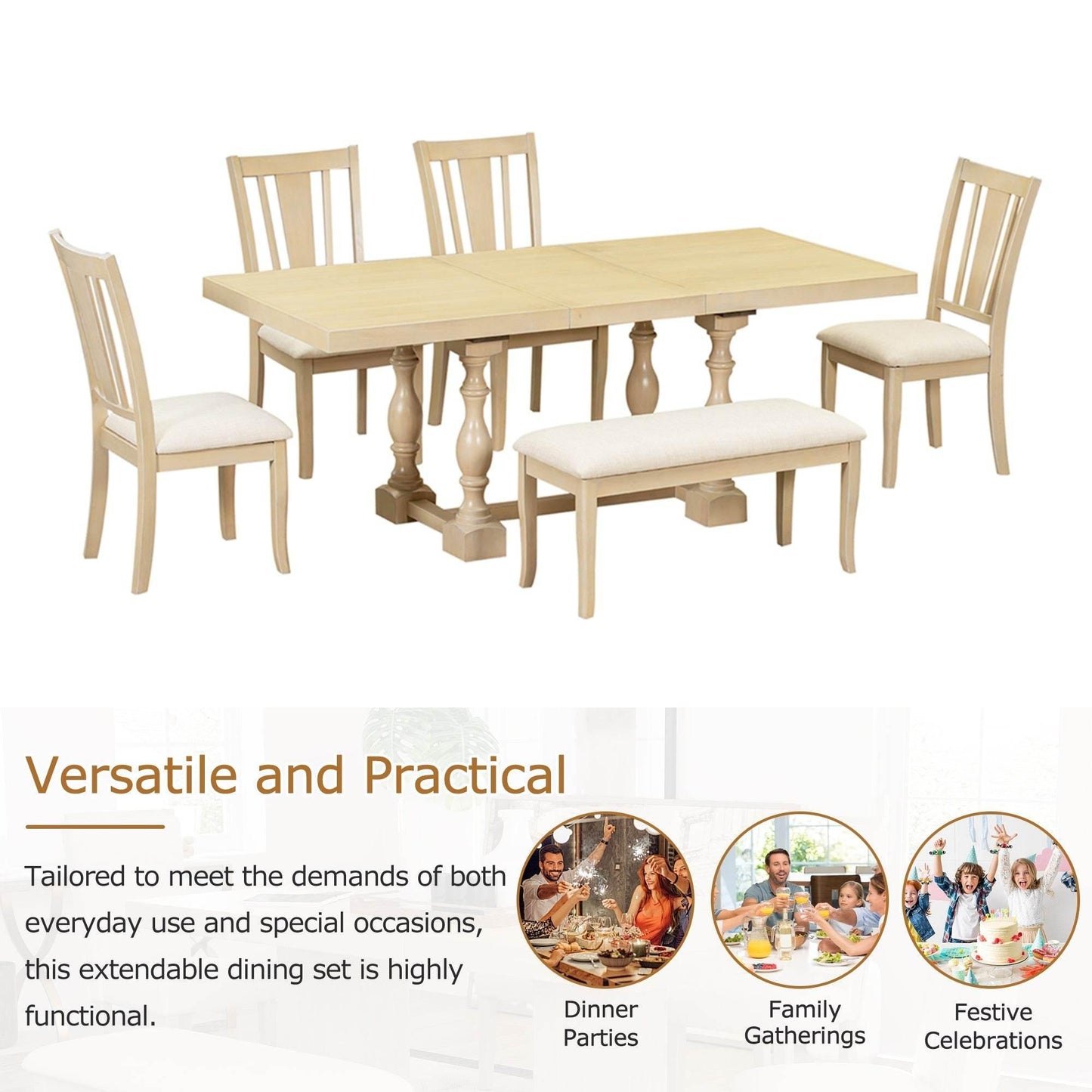 Stylish Wooden Dining Set with Pedestal and Trestle Table - Estalios