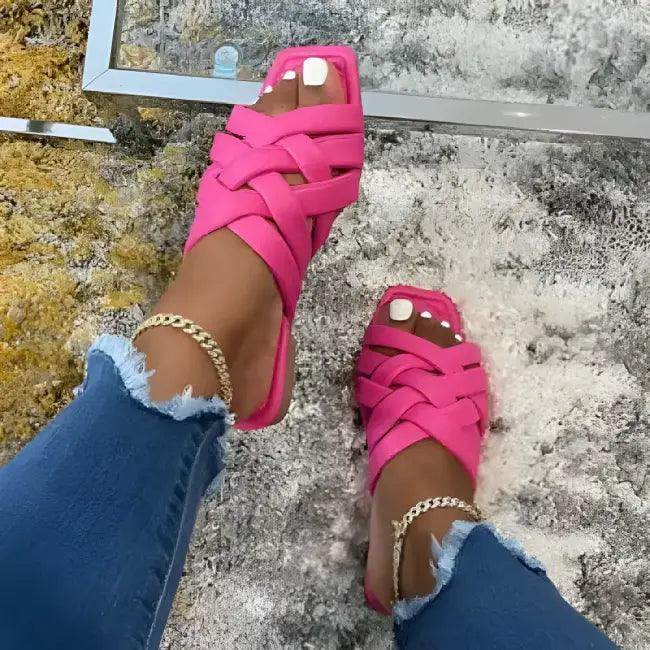 Stylish Pink and White Woven Slide Sandals for Summer Vibes - Estalios